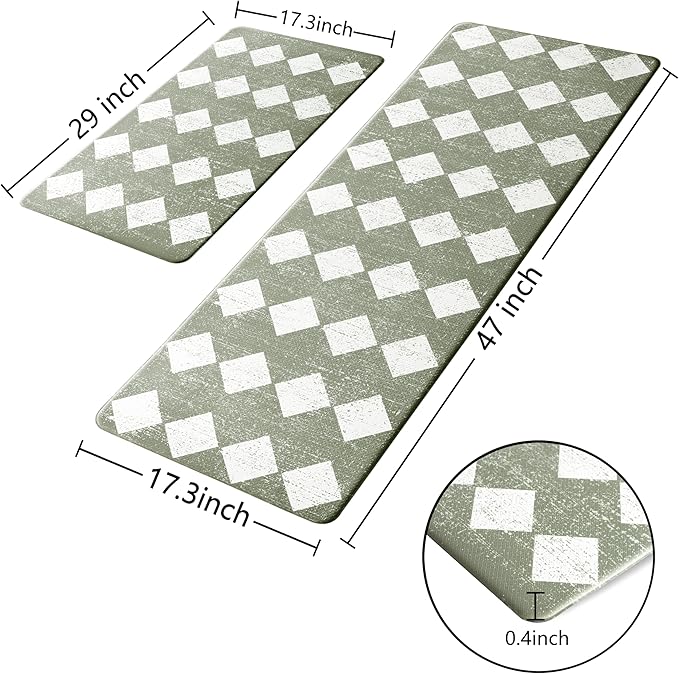 Sage Green Moroccan Trellis Checkered Kitchen Rug Sets [2 PCs], Anti-Fatigue, Waterproof Non-Slip Kitchen Mats Heavy Duty Ergonomic Comfort Foam Rug for Floor, Home, Laundry,17"x29"+17"x47"