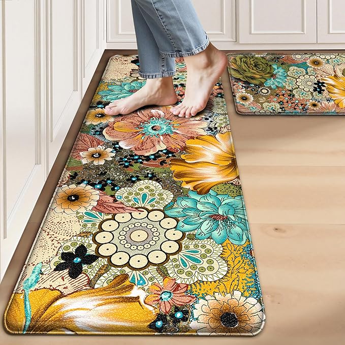 Kitchen Mats for Floor Cushioned Anti Fatigue Sets of 2 Boho Floral Kitchen Rugs Non Slip Waterproof Memory Foam Kitchen Floor Mats Padded Comfort Standing Mat Rug for Sink Laundry Office