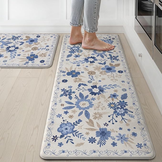 GENIMO Kitchen Mats for Floor 2PCS, Cushioned Kitchen Rugs Non Slip Washable, Farmhouse Anti Fatigue Mat Waterproof, Comfort Standing Mat Rug for Office, Home, Laundry, 17.3"x47"+17.3"x30", Beige&Blue