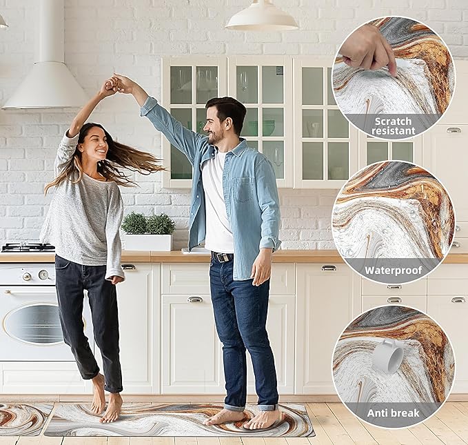Kitchen Mats for Floor Anti Fatigue Floor Marble Cushioned Memory Foam Non Slip PVC Leather Padded Comfort Standing Rugs Set of 2, 17.3x28+17.3x47 Inch,0.4 Inch Thick