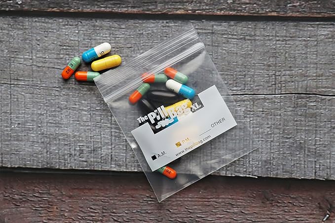 | Medicine Pill Organizer with Labels for AM/PM | Resealable Disposable Pill Pouches for Medicine, Vitamins, Gummies | Plastic Pill Bags for Travel | XL Size | 50 Count