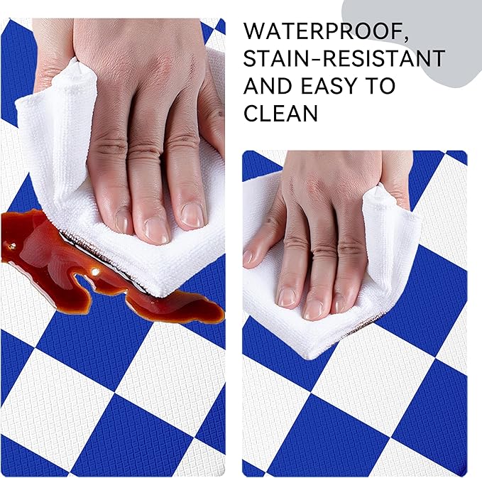 Stellar Blue Checkered Grid Checkerboard Kitchen Rug Sets [2 PCs], Anti-Fatigue, Waterproof Non-Slip Kitchen Mats Heavy Duty Comfort Foam Rug for Kitchen, Floor, Laundry,17"x29"+17"x47"