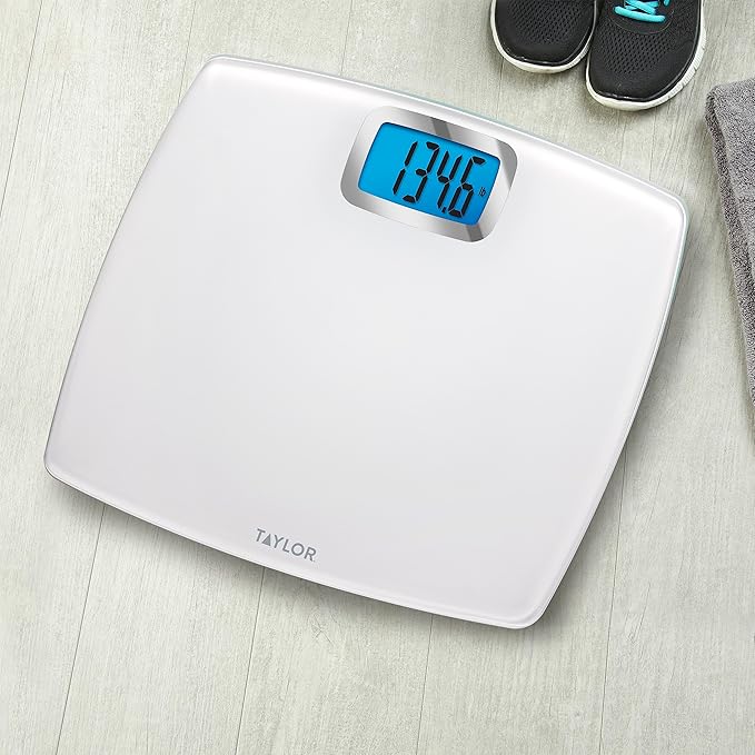 Taylor Digital Scales for Body Weight, Extra high 440 LB Capacity, Unique Blue LCD, Bright White Finish Extra LargePlatform, 12.2 x 13.5 Inches, White