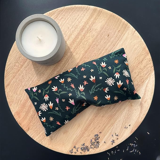 100% USA Handmade, Washable Cotton Eye Pillow 9", Moist Heat Eye Compress, Hot/Cold Rice & Lavender Therapy Pack (Green Multi Floral, Lavender + Rice)