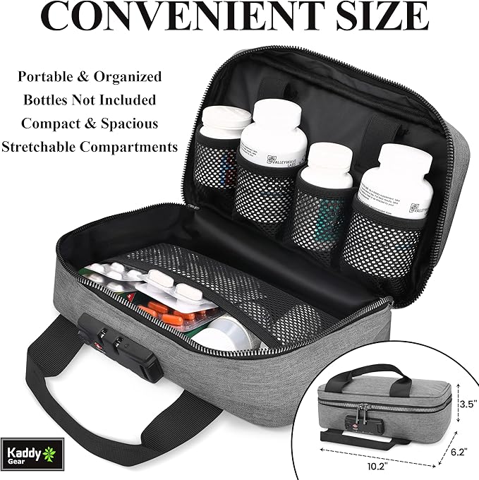 Kaddy Secure Pill Organizer Box, Storage for Bottles of Medicine or Supplements; Toiletry; Travel or Home, TSA Approved Lock(Grey)