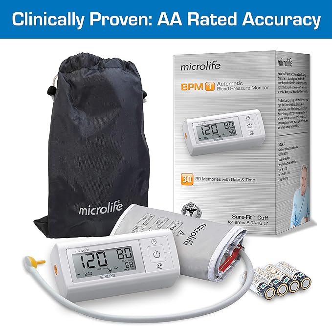 Microlife Series 200 Automatic Upper Arm Blood Pressure Monitor, Wide-Range Cuff Fits Most Adult Arms up to 16.5 in/Large, (Stores 30 Results), Compact Digital Blood Pressure Machine, Storage Pouch