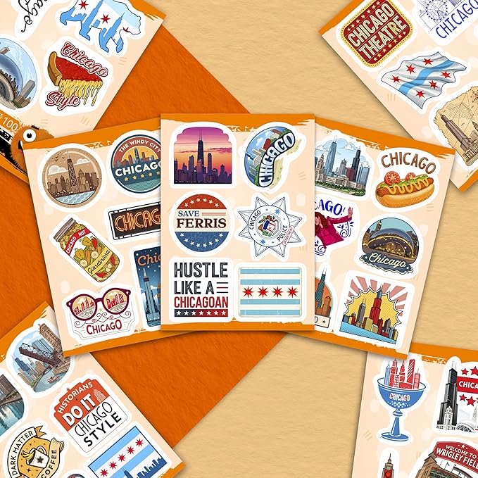 100Pcs Chicago Stickers and Decals for Luggage, Water Bottle - Chicago Gifts, Party Supplies - Travel USA Cities Stickers - Gift for Women & Men