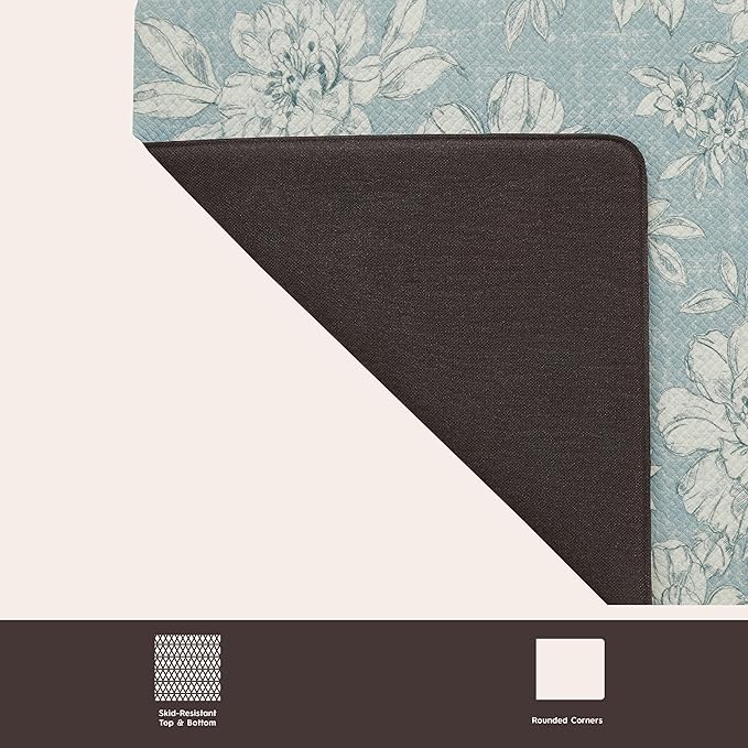 Laura Ashley - Anti-Fatigue Kitchen Mat, Iris Floral Design, Stain, Water & Fade Resistant, Cooking & Standing Relief, Non-Slip Backing, 2 Piece Set, Light Blue