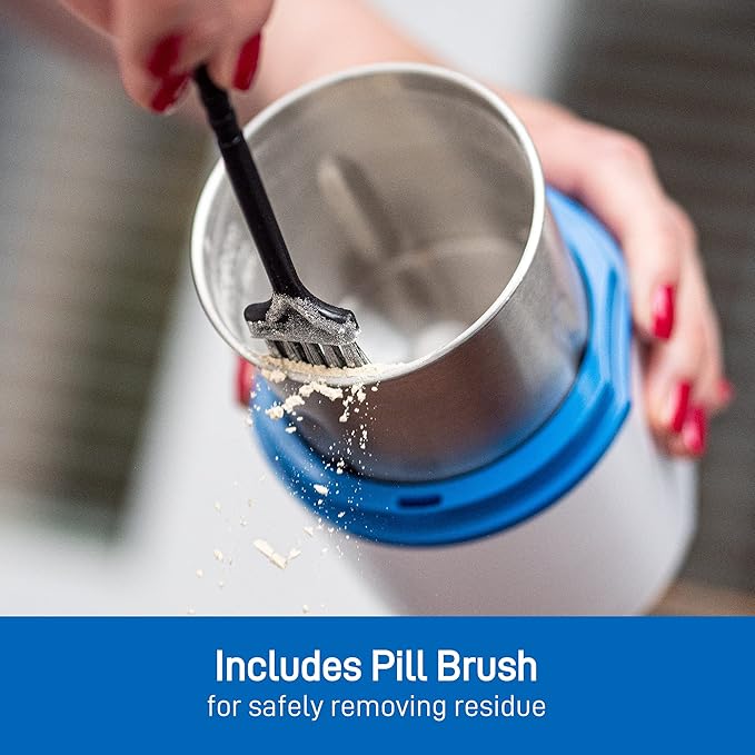 Electric Pill Crusher Grinder - Fine Powder Electronic Pulverizer for Small & Large Medication & Vitamin Tablets - Comes with Pill Organizer, Brush, Spoon, Cloth & Stainless Steel Blades by Pill Mill