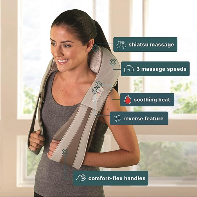 HoMedics Shiatsu Deluxe Neck & Shoulder Massager with Heat, 3 Speeds, Changes Direction, Muscle Kneading for Back, & Legs, Portable, Convenient Straps, Thera-P, Beige