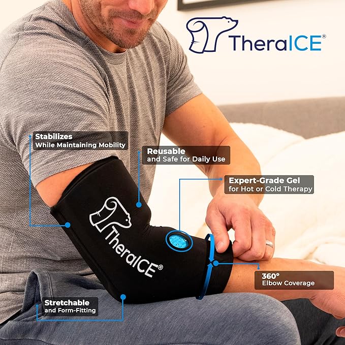 TheraICE Elbow Ice Pack Wrap Compression Sleeve for Injuries Reusable Gel Arm Cold Packs | Tennis Elbow Golfers & Cubital Tunnel, Tendinitis Pain Relief | Plus Shin Splints, Calf Strain | Women & Men