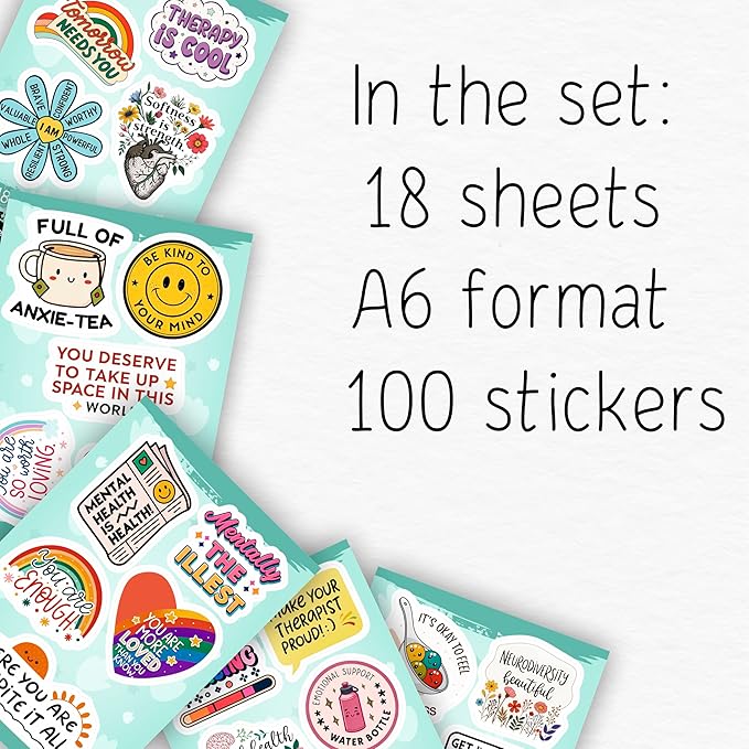 100Pcs Mental Health Stickers for Adults, for Water Bottle - Mental Health Awareness Gifts - Therapist, Counselor Stickers - Gift for Women & Men