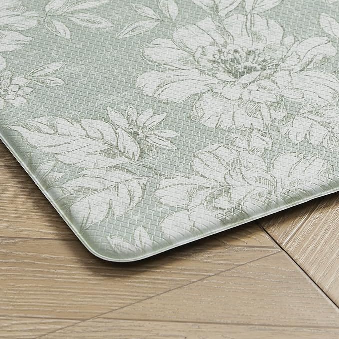 Laura Ashley - Anti-Fatigue Kitchen Mat, Iris Floral Design, Stain, Water & Fade Resistant, Cooking & Standing Relief, Non-Slip Backing, Measures 17.5" x 32", Sage Green Iris