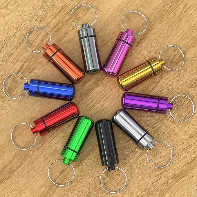 Small Portable Pill Case with Keychain(10 Pack), Urekt Waterproof Aluminum Pill Organizer Metal Mini Box Pocket Drug Storage Container for Outdoor Camping Travel