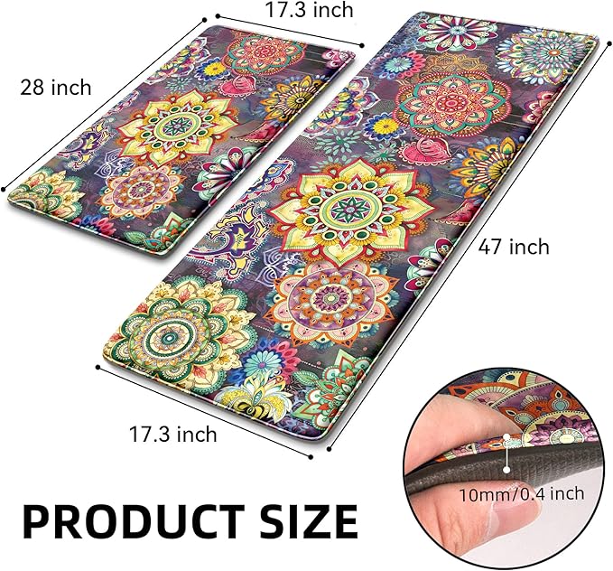 Boho Red Floral Kitchen Rugs Mats for Floor 2 Piece Memory Foam Padded Kitchen Mats Anti Fatigue Non Slip Cushioned Comfort Standing Mat, 17.3x28+17.3x47 Inch