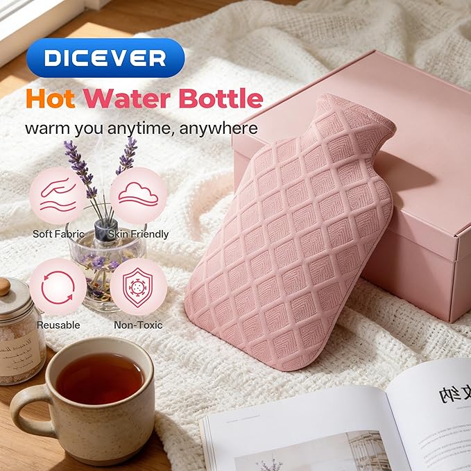 Hot Water Bottle with Soft Cover, 2L Hot Water Bag, Hot and Cold Therapies for Sore Muscles, Menstrual Cramps, Neck and Shoulder Pain Relief, Great Gifts for Women, Childs, Pink