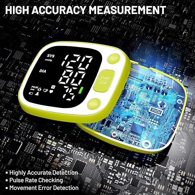 Oklar Blood Pressure Monitors for Home Use Rechargeable Wrist Digital BP Machine Cuff with LED Backlit Display, Voice Broadcast, 240 Memory Storage for 2 Users with Carrying Case, Green