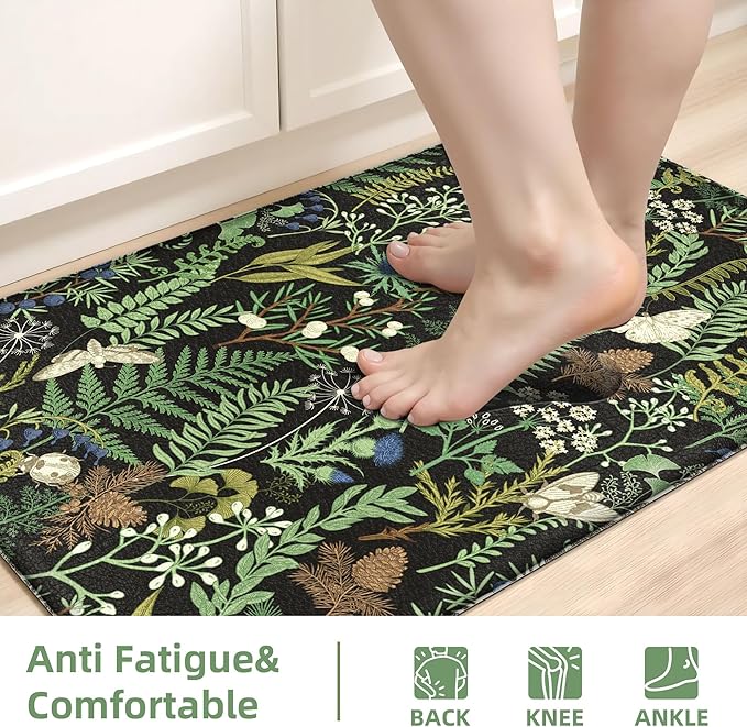 Black Green Botanical Kitchen Rugs Set of 2 Plant Leaf Anti-Fatigue Kitchen Mat Natural Comfort Standing Waterproof PVC Mats 2/5" Thick Leather Carpet for Laundry Office Sink(17.3" x28" + 17.3" x 47")