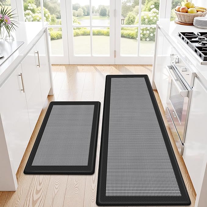 Kitchen Mats, 2PCS Kitchen Rugs for Floor, Cushioned Anti-Fatigue Mats for Kitchen Floor, Non-Slip Standing Desk Mat for Sink, Home, Laundry & Office, 17.3"x30"+17.3"x59" (Black)