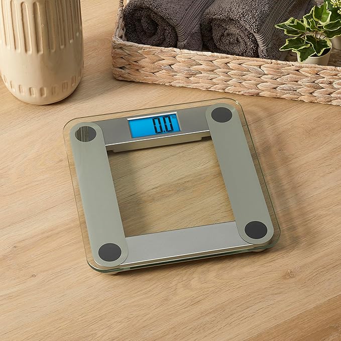 Eat Smart Digital Bathroom Scale with Extra Large Easy to Read Lighted Display, Weight Tracking, Includes Body Tape, Grey and Clear