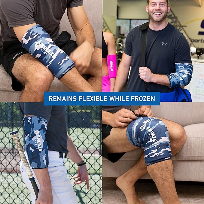 FreezeSleeve Ice and Heat Therapy Sleeve | Reusable Ice Pack Flexible Gel Compression Sleeve for Pain Relief and Recovery of Elbow Knee Ankle Leg Wrist Injuries | Blue Camo Small Medium