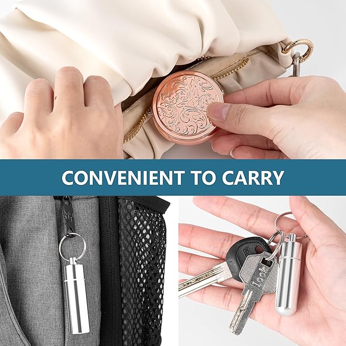 Pill Box 3 Compartment Pockets or Wallet Pill Case (2 Pieces) with Waterproof Keychain Portable Medicine Box (2 Pieces) - Small Travel Daily Vitamin Tissue Metal Pill Box (Black+Rose+Silver)