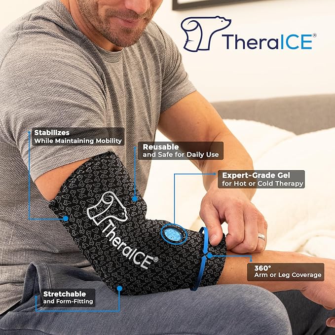 TheraICE Elbow Ice Pack Compression Sleeve for Injuries | Reusable Arm Gel Cold Pack Wrap | Tennis Elbow & Golfers | Calf Tendinitis Pain Relief | Shin Splints | FocusZone Extra Cooling | Women & Men