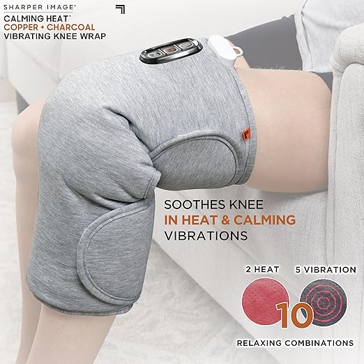 Calming Heat Knee Wrap by Sharper Image | Weighted Copper & Charcoal, Heating Pad, Auto Shut-Off Feature, Gift for Holidays, Women & Men | 2 Heat & 5 Vibrating Massage Settings, 30.3” x 16.5”