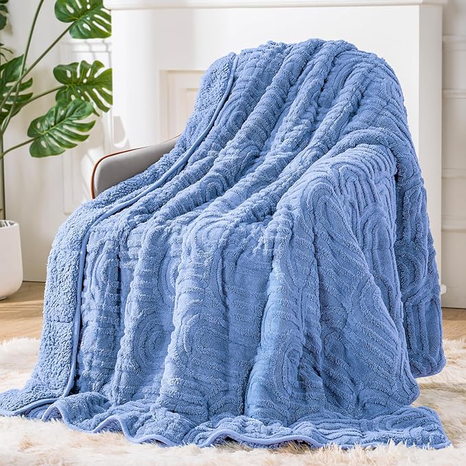Sherpa Fleece Adult Weighted Blanket Great for Sleep, 15 lbs Dual Sided Soft Fuzzy Heavy Blankets for Couch Bed Sofa, Cozy Warm Fluffy Arched Jacquard Throw for Winter (Blue, 48" x 72", 15 Pounds)