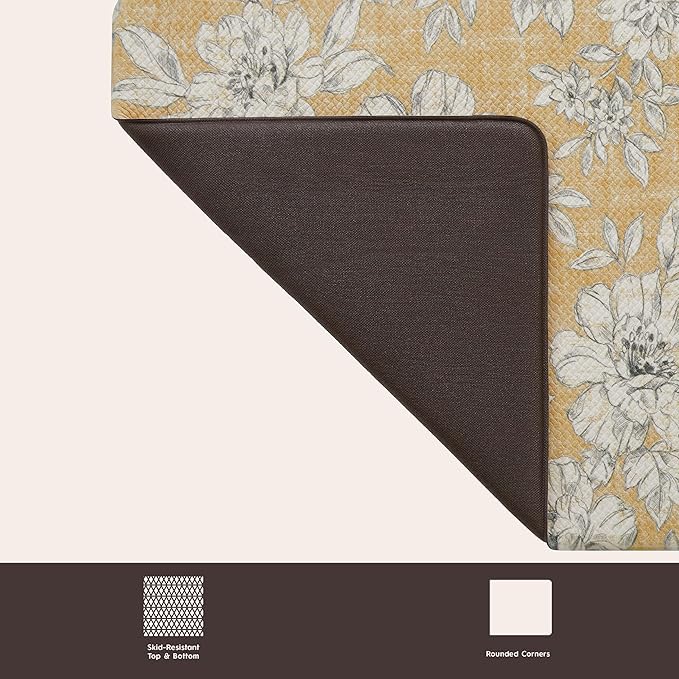 Laura Ashley - Anti-Fatigue Kitchen Mat, Iris Floral Design, Stain, Water & Fade Resistant, Cooking & Standing Relief, Non-Slip Backing, 2 Piece Set, Tawny Yellow
