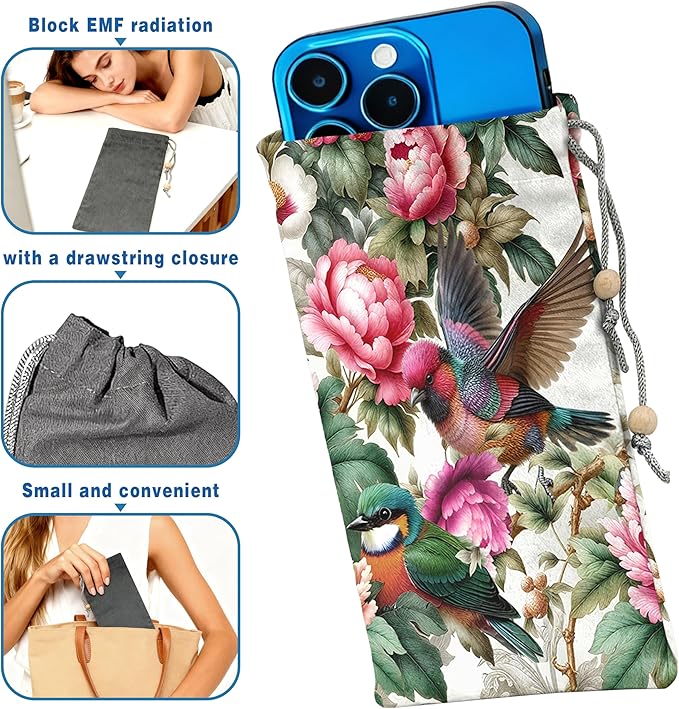 EMF Shield Sleeve for Cell Phone Reduce Signal Anti-EMP Pouch Against Radiation, EMF, 5G, RFID Blocking 4x8 Inch Pink Bird Phone Sleeve Bags