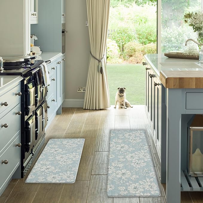 Laura Ashley - Anti-Fatigue Kitchen Mat, Iris Floral Design, Stain, Water & Fade Resistant, Cooking & Standing Relief, Non-Slip Backing, 2 Piece Set, Light Blue