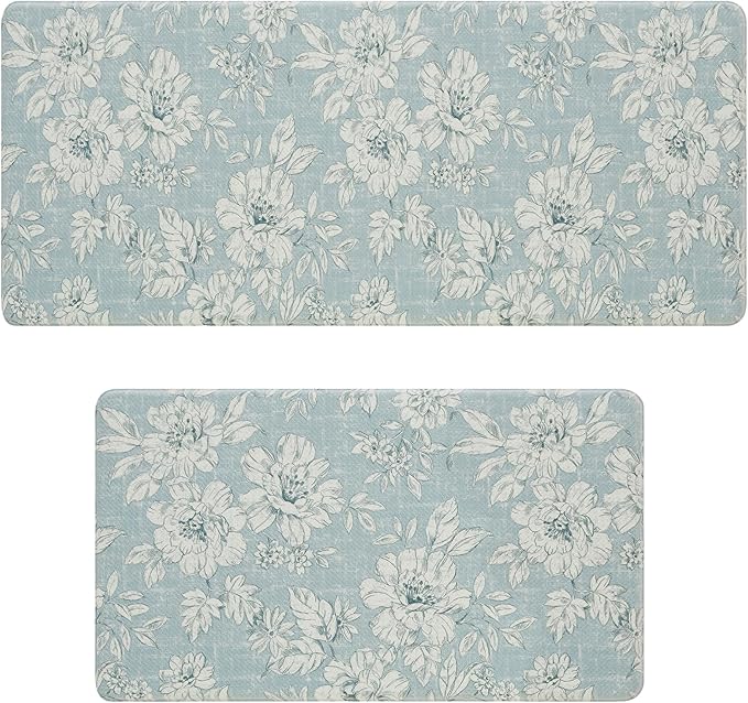 Laura Ashley - Anti-Fatigue Kitchen Mat, Iris Floral Design, Stain, Water & Fade Resistant, Cooking & Standing Relief, Non-Slip Backing, 2 Piece Set, Light Blue