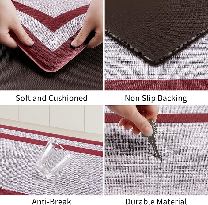 Mattitude Kitchen Mats Set of 2 Cushioned Anti-Fatigue Non-Skid Rug Sets Ergonomic Comfort Standing Mat for Kitchen, Floor, Office, Sink, Laundry,Red