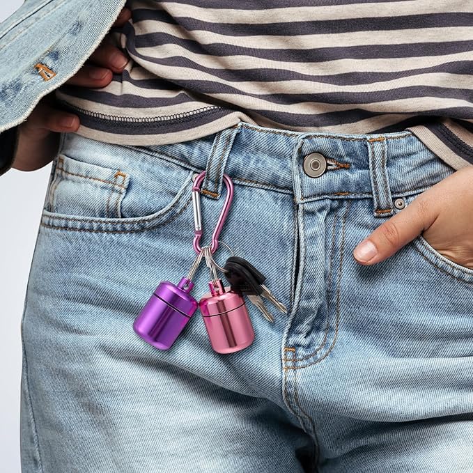 Hicarer 4 Pack Ear Plug Carrying Case, Waterproof Metal Ear Plug Holder with Keychain, Portable Small Pill Case Container for Earplugs, Jewelry, Pill Organizer for Travel or Sports(Pink, Purple)