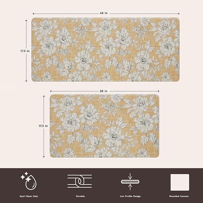 Laura Ashley - Anti-Fatigue Kitchen Mat, Iris Floral Design, Stain, Water & Fade Resistant, Cooking & Standing Relief, Non-Slip Backing, 2 Piece Set, Tawny Yellow