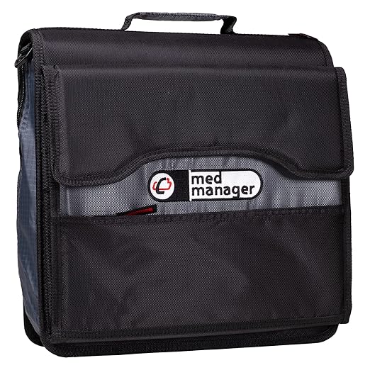 Med Manager Medicine Organizer and Portable Medical Binder, Holds (15) Pill Bottles - (11) Standard Size and (4) Large Bottles, Includes Removable 5-Tab File Folder, Black, 14 x 14 x 4 inches
