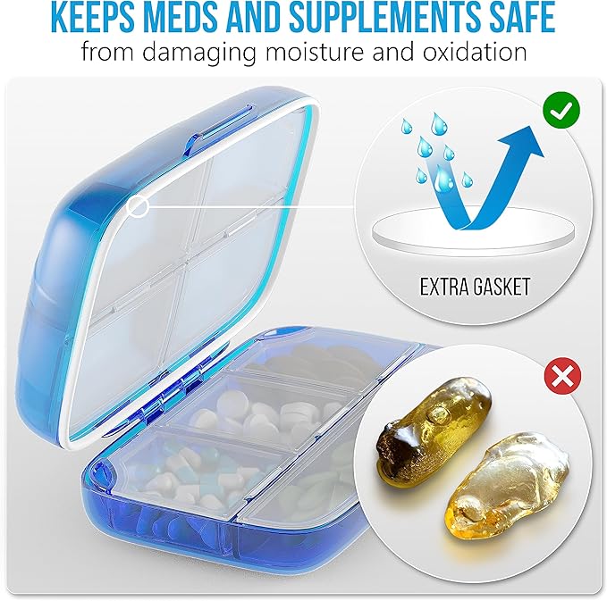 Pill Organizer Airtight Pill Box Large Pill Dispenser Home Travel Supplement Holder Portable Vitamin Sorter Jumbo Size 8 Compartment Airtight Vitamin Container Daily Medicine Travel Essentials
