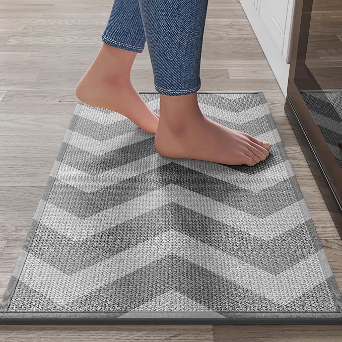 Kitchen Mats for Floor, Super Absorbent Kitchen Rugs Non Slip Washable, Linen-Look Woven Cushioned Runner Rug, Kitchen Sink Mat Standing Mat, Easy Care, Gray 17"x30"