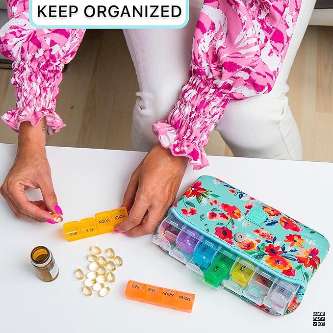 Made Easy Kit Pill Case Large 7-Day / 28 Compartments in Neoprene Carrier with Storage Pill Box in Daily in Morn, NOON, EVE, Bed a Weekly Vitamin, Medicine, Capsule Organization (Teal Floral)