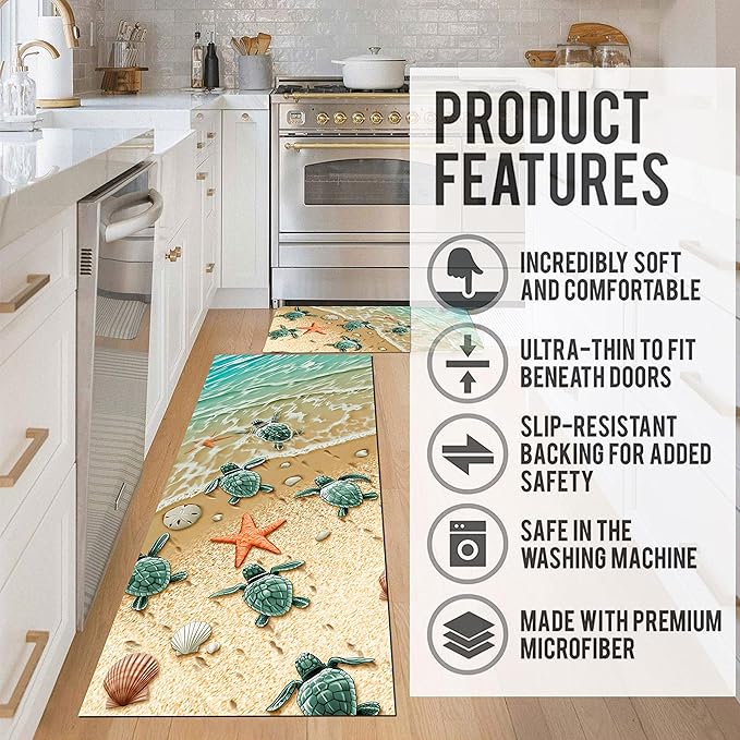 Beach Kitchen Rugs 2 Piece Set for Dog Sea Turtle Floor Mat, Nautical Rug Non Skid Washable Absorbent Nautical Kitchen Mat for in Front of Sink for Standing for Coastal Kitchen Decor 17"X30"+17"X47"
