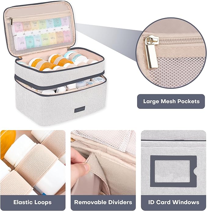 Medicine Bag for Traveling, Dual Layers Medicine Pill Organizer Medication Pill Bottle Storage with Lockable Zipper, Medical Supplies First Aid Kit,Home Storage for Pills, Vitamins(Dark Grey)