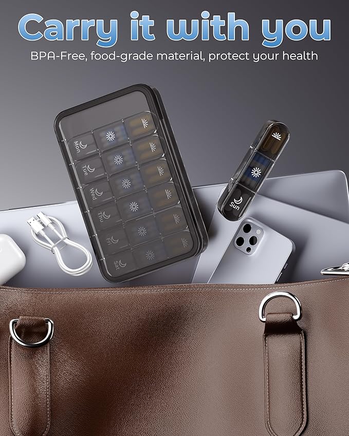 Pill Organizer 3X a Day｜Midnight Black Portable Pill Case｜7-Day Weekly Compartment｜Executive Travel Essential｜BPA-Free Health Companion｜Briefcase Must-Have