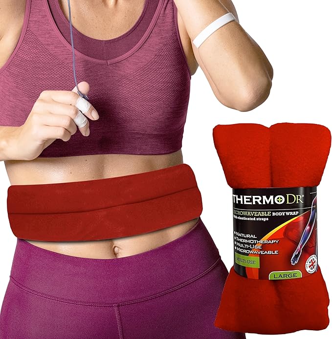 Microwavable Heating Pad for Neck, Back, & Shoulders - Heating Bean Bag Microwavable Pillow w/Elasticated Strap - Wheat & Unscented Heating Pad Wrap - ThermoDR, Red