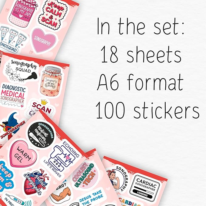 100Pcs Sonography Stickers for Water Bottle, Laptop - Ultrasound Stickers - Sonography Gifts for Sonographer, Party Decorations - Gift for Women & Men