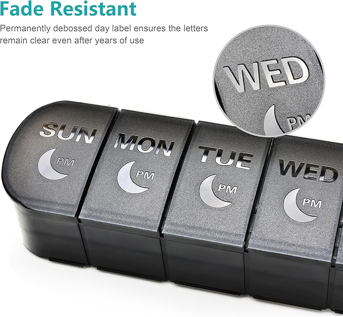 XL AM PM Pill Organizer 2 Times a Day, Fade Resistant Extra Large Weekly Pill Box 7 Day, Double-Sided 14 Compartments for Vitamins, Fish Oil, Supplements & Gummies (Black)