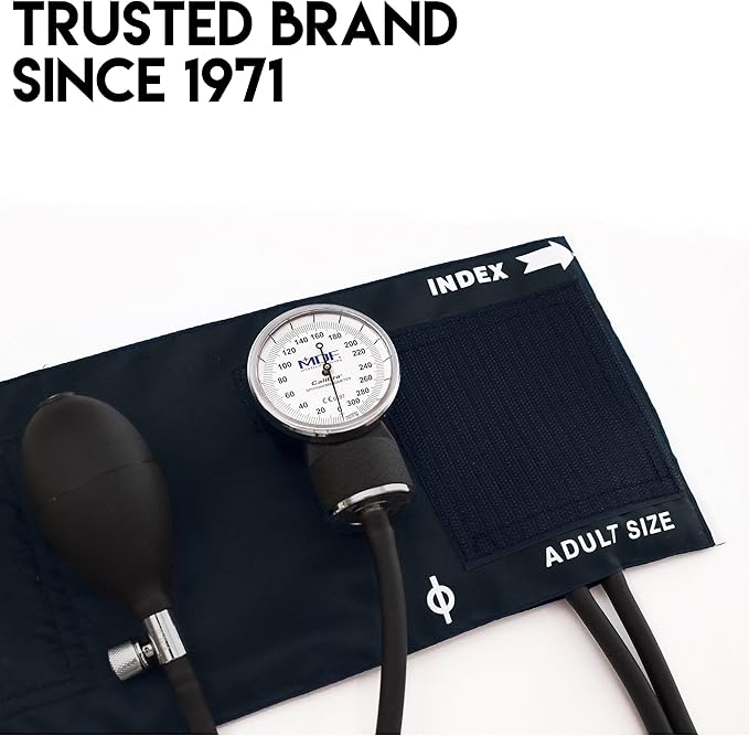 MDF Instruments, Calibra Aneroid Premium Professional Sphygmomanometer, Blood Pressure Monitor with Adult Cuff & Carrying Case, Lifetime Calibration, White Dial, Navy Blue Cuff, MDF808M04