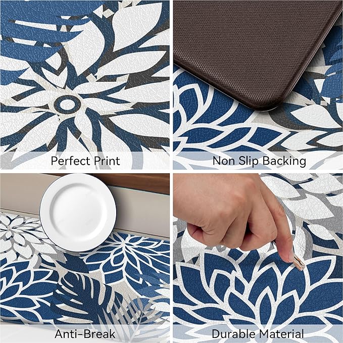 Kitchen Mats for Floor 2 Piece Cushioned Anti Fatigue Kitchen Mats Waterproof Non Slip Kitchen Mat Rug Set Comfort Foam Standing Mat for Sink, Laundry, Office, Blue Gray