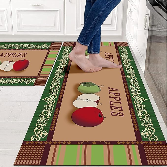 Apple Kitchen Rugs 2 Piece Set for Floor Mat, Non Skid Washable Absorbent Microfiber Apple Kitchen Mat for in Front of Sink for Standing for Home Apple Kitchen Decor 17"X30"+17"X47"