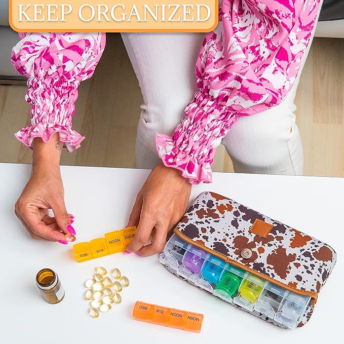 Made Easy Kit Pill Case Large 7-Day / 28 Compartments in Neoprene Carrier with Storage Pill Box in Daily in Morn, NOON, EVE, Bed a Weekly Vitamin, Medicine, Capsule Organization (Brown White Cow)